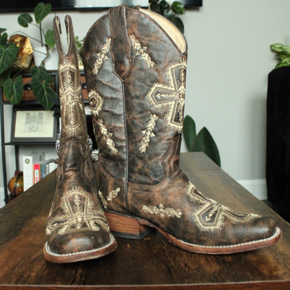 Circle G Cross Embroidered Leather Cowboy Boots Womens 7 Brown Square Toe Vtg